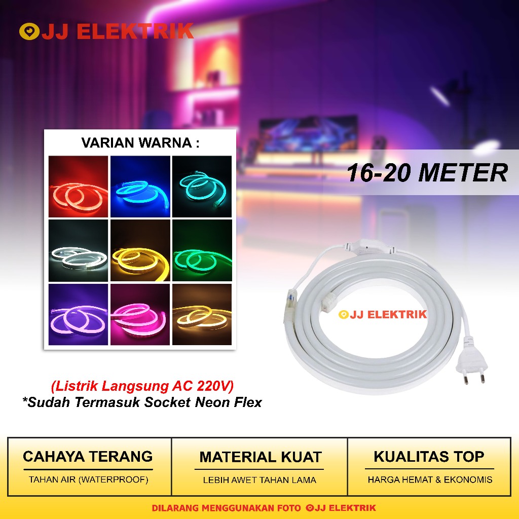 Paket Nyala 16-20 Meter Neon Flex Lampu LED Strip Selang Flexible 220V 220 Volt Neonflex Cahaya Kuni
