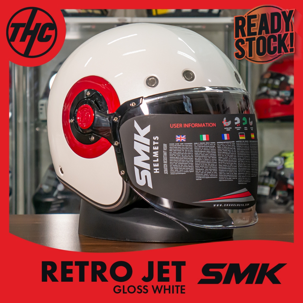 HELM SMK RETRO JET WHITE GLOSS HALF FACE VINTAGE HELMET SMK