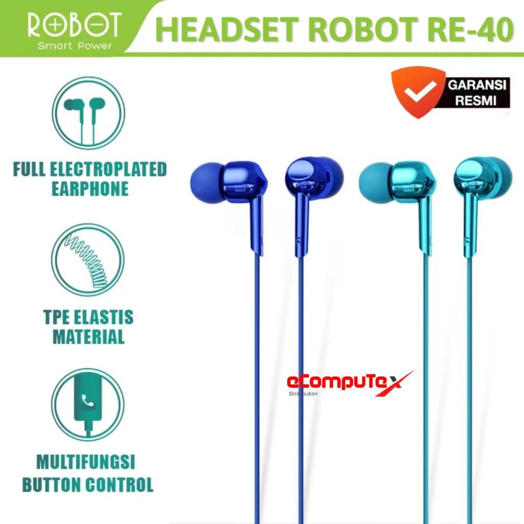 ROBOT EARPHONE RE40 FULL ELECTROPLATED HEADSET WIRED RE-40 / RE 40 DEEP BASS HIGH ORIGINAL - GARANSI