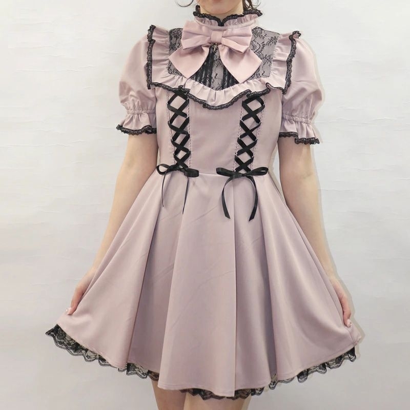 honeyL | Japanese jirai ryousangata one-piece dress sweet ribbon bow short-sleeved skirt Lolita lace