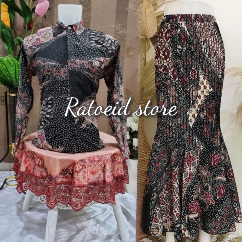 SET COUPLE ROK DUYUNG PLISKET BATIK DAN KEMEJA BATIK LENGAN PANJANG / COUPLE BATIK / BAJU COUPLE MOT