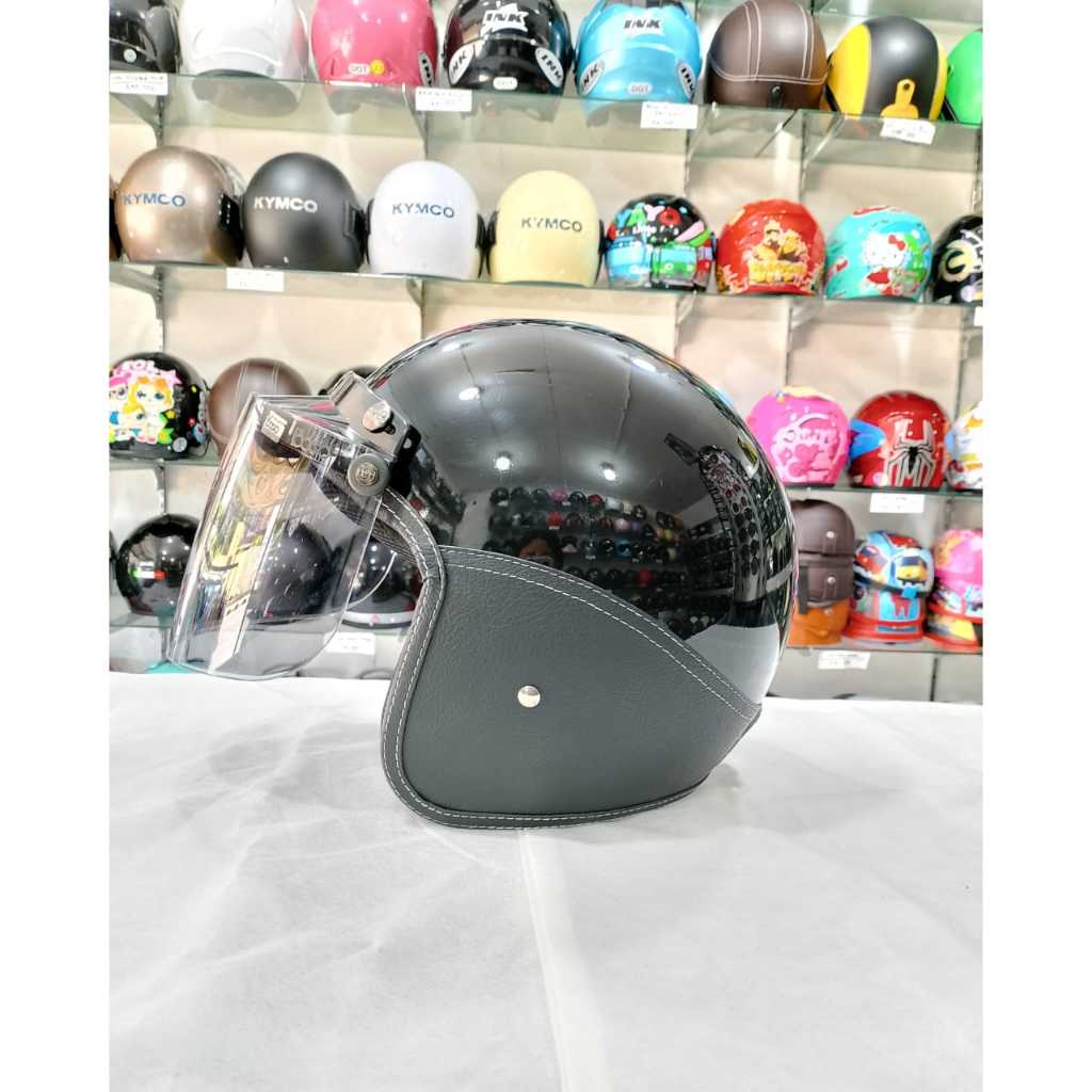 AIZO Helm Semi Kulit Half Face Kaca Bogo Datar Original HitamGlossyStandarKeamananSNICODKardusBubble