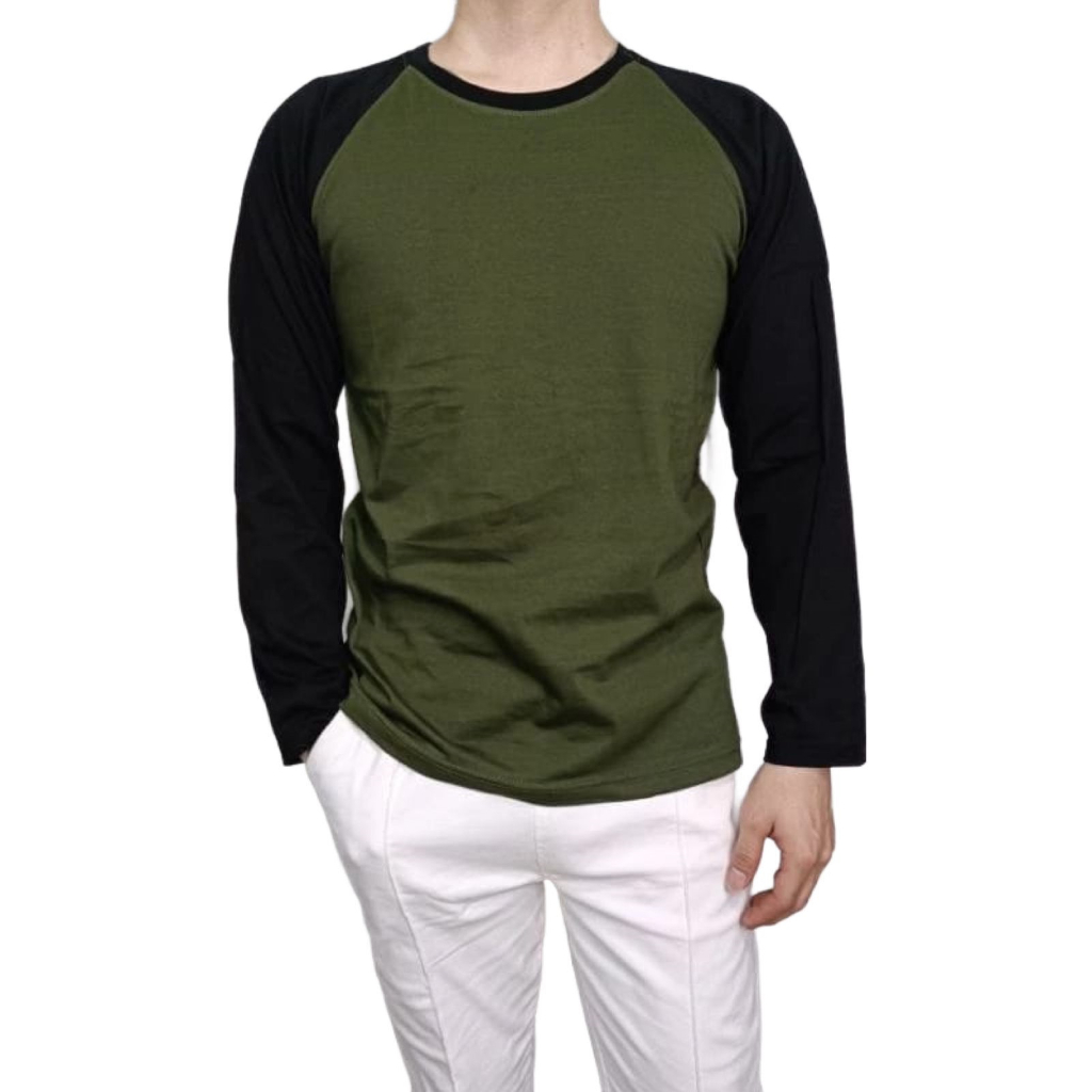 Kaos Oblong Polos Raglan Panjang Hijau Army Hitam UK M L XL XXL T shirt Santai Harian Seragam
