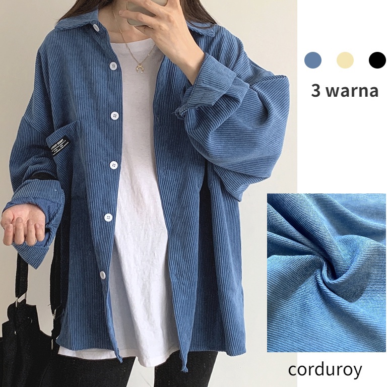 Korea Kemeja Oversize Korduroy Wanita Lengan Panjang Oversize Kemeja Polos Wanita