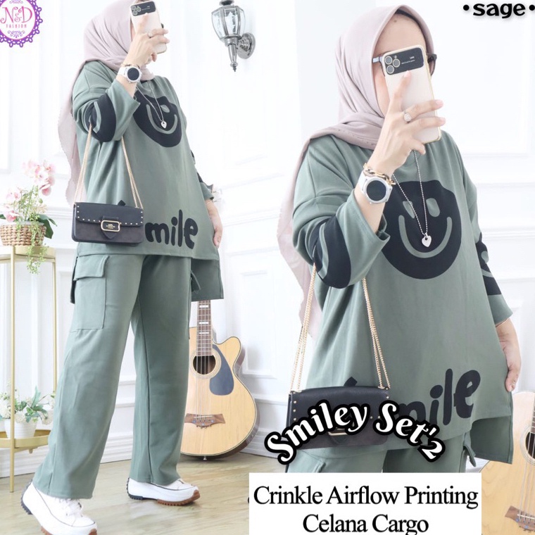 MURAH LEBAY SMILE SET CELANA CARGO CRINKLE PRINTING LD 11  SETELAN SMILE  ONE SET SMILE  SETELAN KOM