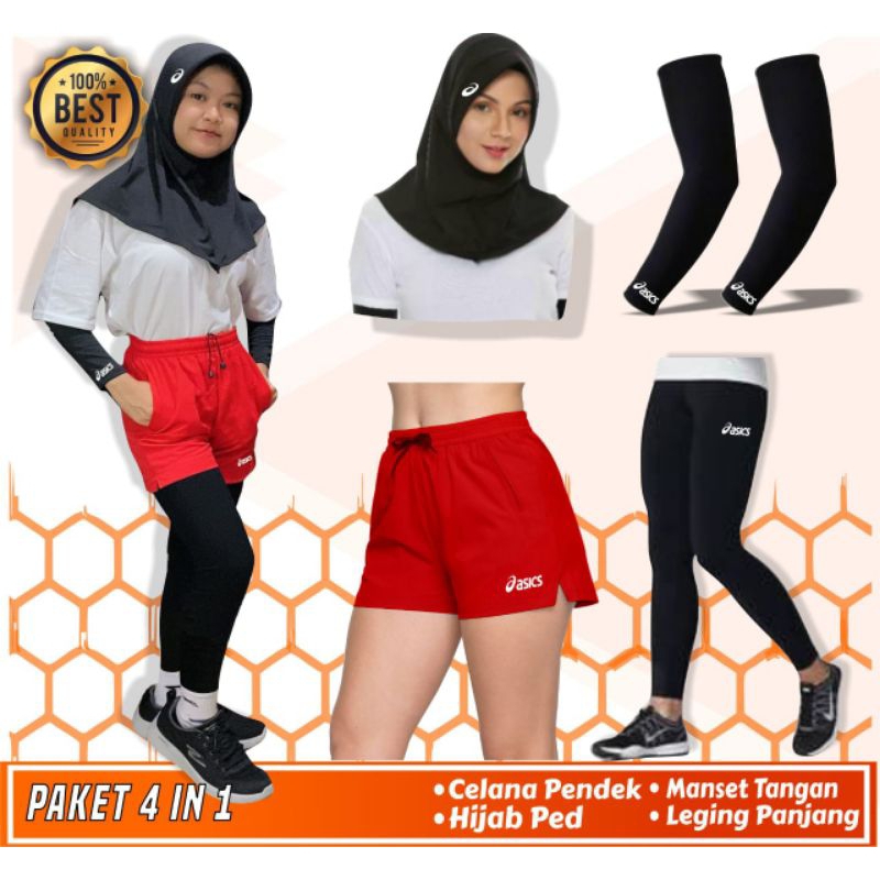 Paket setelan olahraga wanita hijab manset tangan celana pendek belah samping leging panjang olahrag