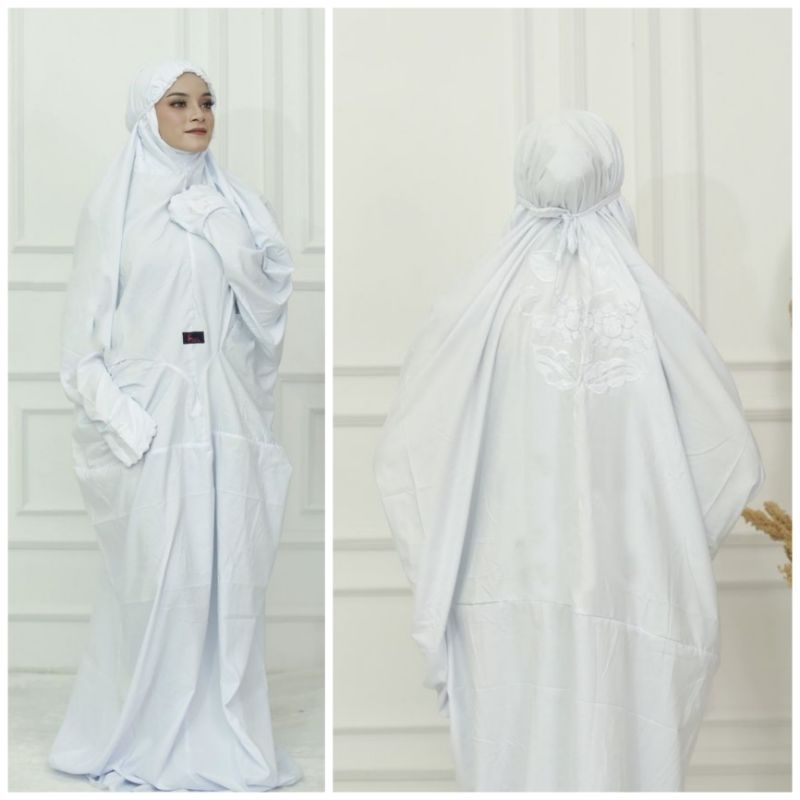 MUKENA TERUSAN LANGSUNGAN DEWASA PUTIH SIMPEL JUMBO PREMIUM ELEGAN | MUKENAH LAJURAN BORDIL KEMBANG 