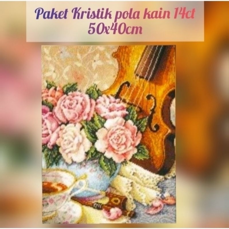 paket kristik bunga mawar peoni merah biola emas pola kain