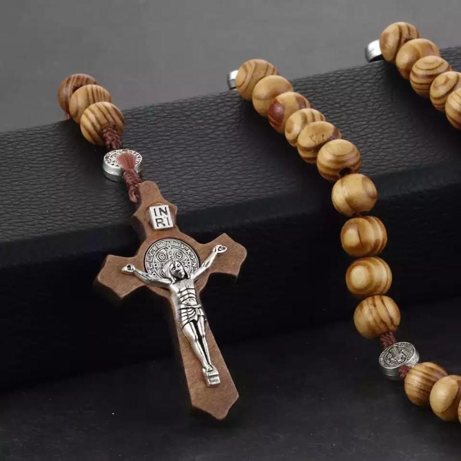 Kalung Salib Kayu Rosario INRI -  Cross Necklace Rosary Black Brown Wooden Lightweight / Aksesoris K