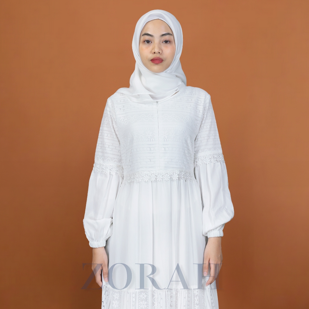 KUALITAS SUPER ZORAH Gamis putih brokat wanita simple elegan busui & wudhu friendly dress brukat