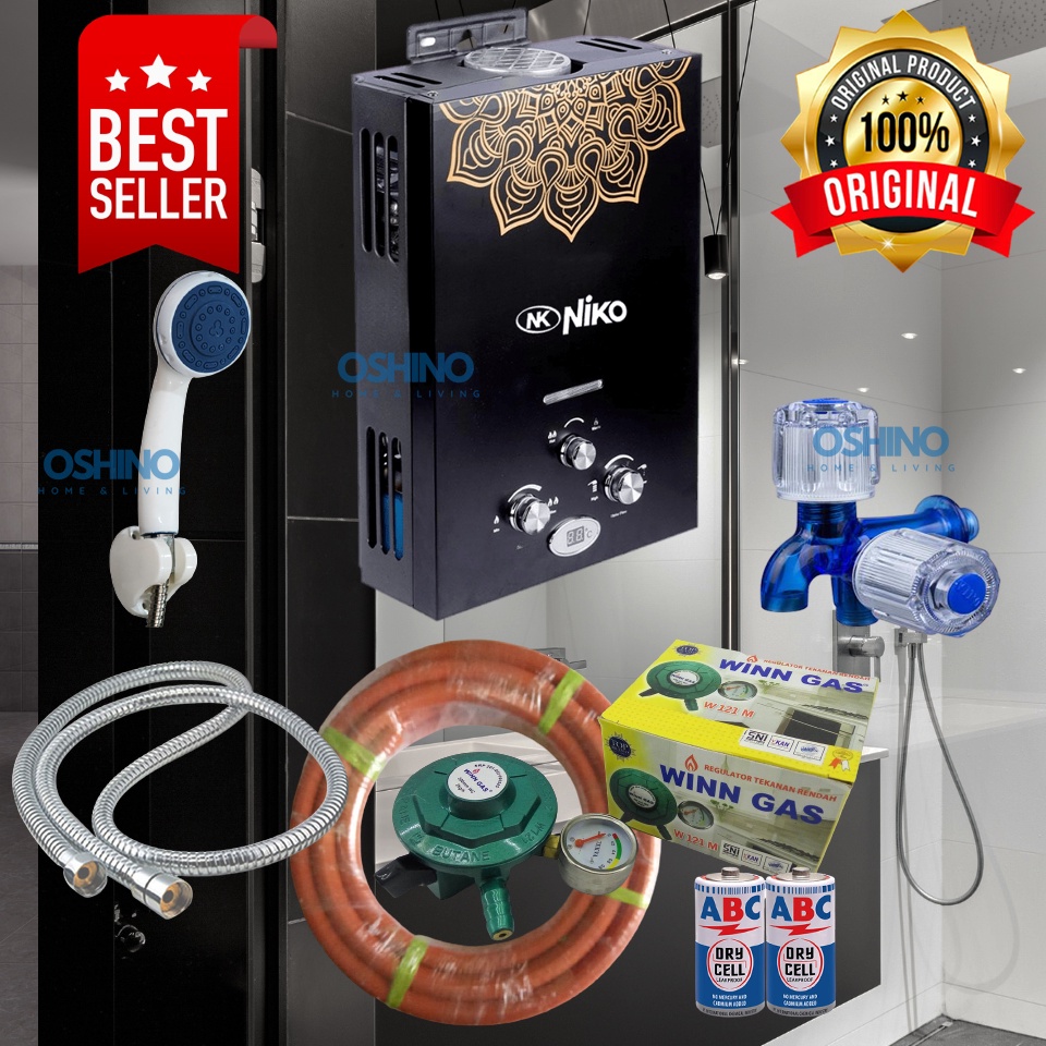 ART P66I COD Paket Water Heater Niko Hitam Lengkap  Pemanas Air Gas dengan LED untuk Kamar Mandi