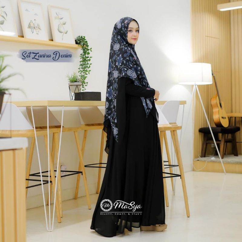 Set Gamis Dress Ceruty Babydoll Syari Branded Prinitng Denim - Maroon - Black - Magenta Mewah Masya 