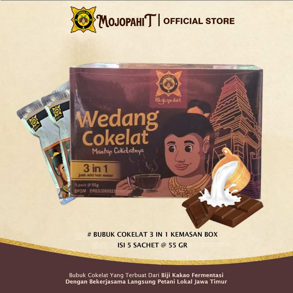 

Cokelat Mojopahit | Bubuk Cokelat 3 IN 1 Kemasan Box | isi 5 Sachet @ 55 gr