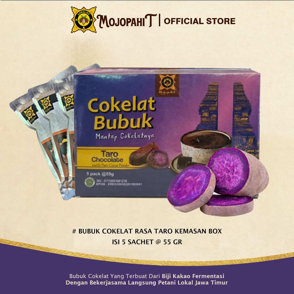 

Cokelat Mojopahit | Bubuk Cokelat Rasa Taro Kemasan Box | isi 5 Sachet @ 55 gr