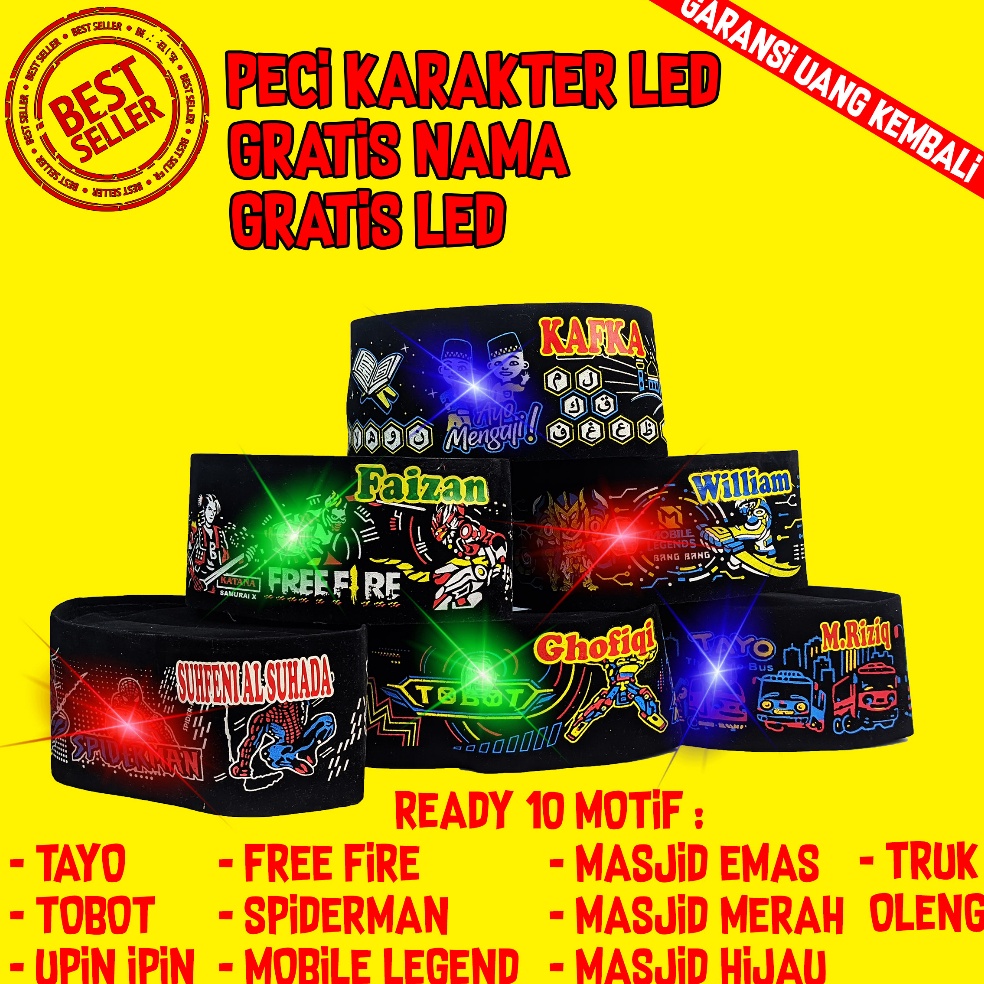 XPRESS PECI ANAK KARAKTER LED  Peci Songkok Kopyah Anak Motif Tobot Tayo Upin Ipin Truk Oleng Spider