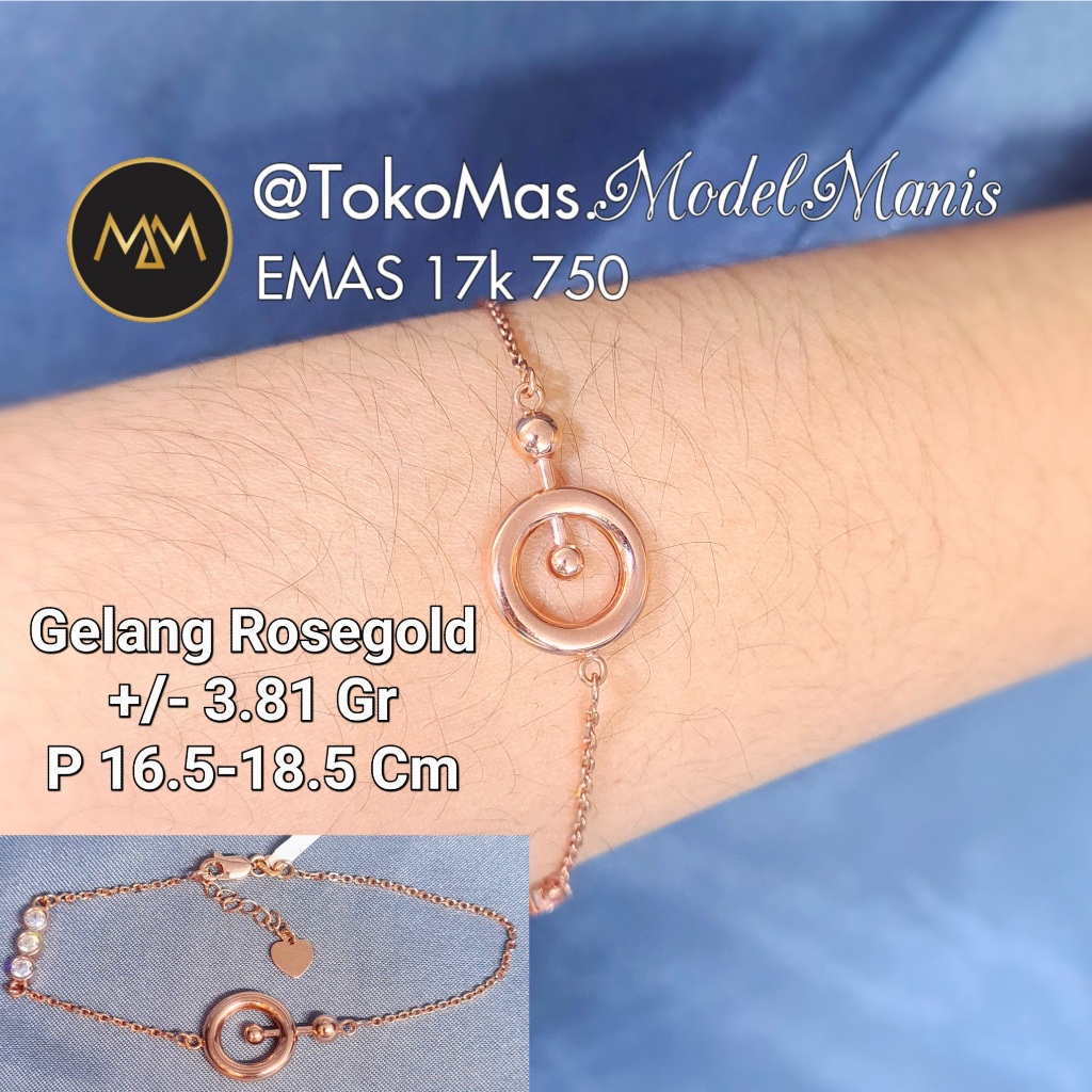 Gelang nori solid ring 3 mata emas rosegold 750 kadar 17k