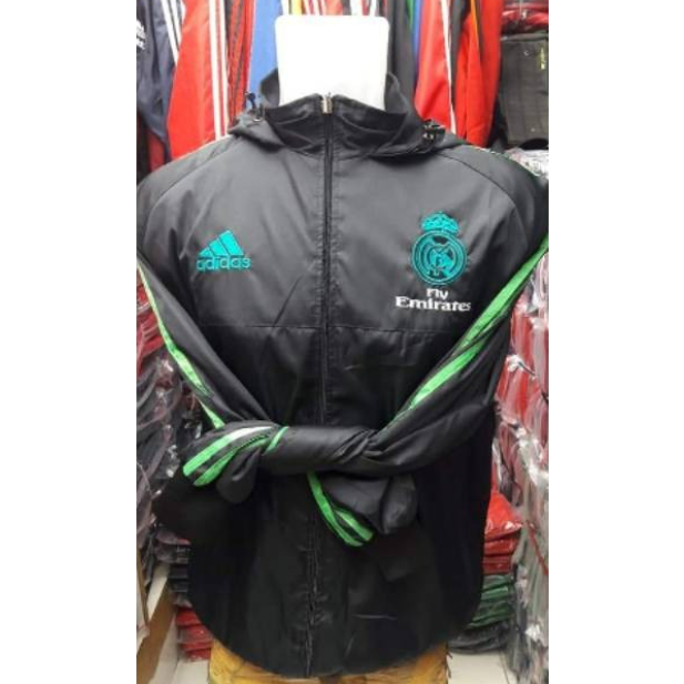 Jaket parasut windbreaker waterproof bolak balik real madrid away grade ori futsal obral murah