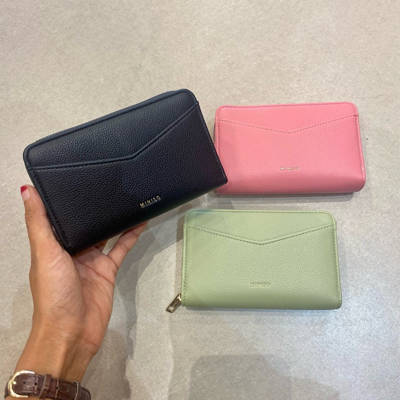MINISO Women's Litchi Pattern Zip Around Medium Wallet(Matcha Green, pink, black) / dompet miniso / 