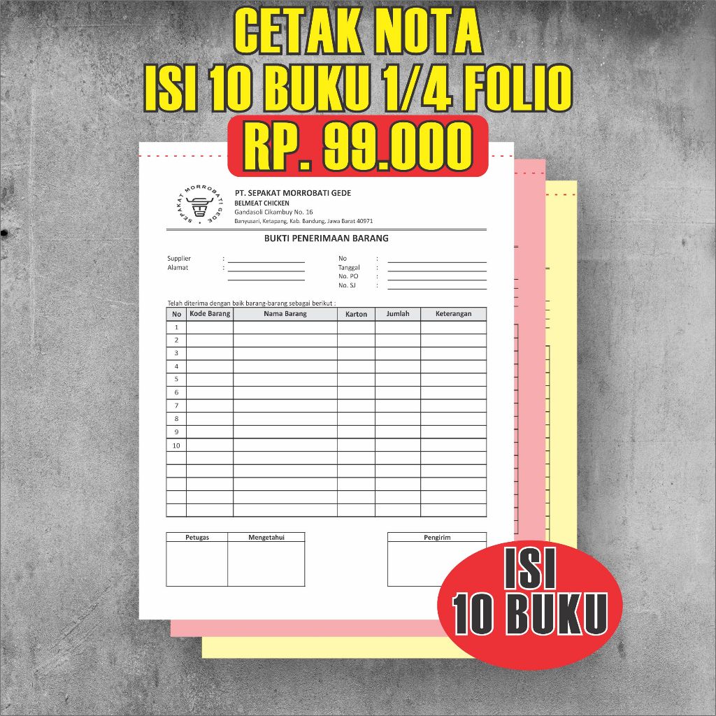 

(10 Buku) Nota Kwitansi Costum 1/4 folio 3ply Rangkap Bon