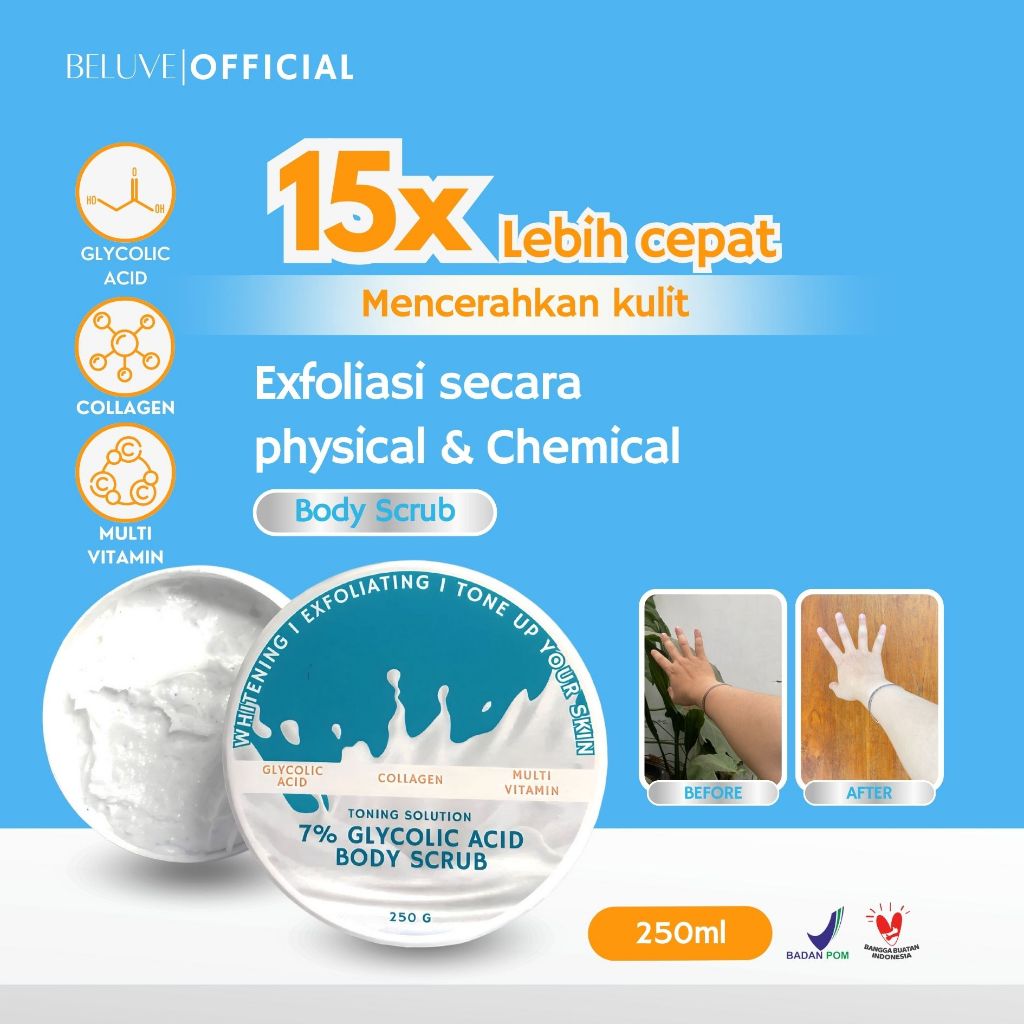 BODY SCRUB LULUR WHITENING 7% GLYCOLIC ACID - LULUR PEMUTIH BADAN + AHA + COLLAGEN + RETINOL