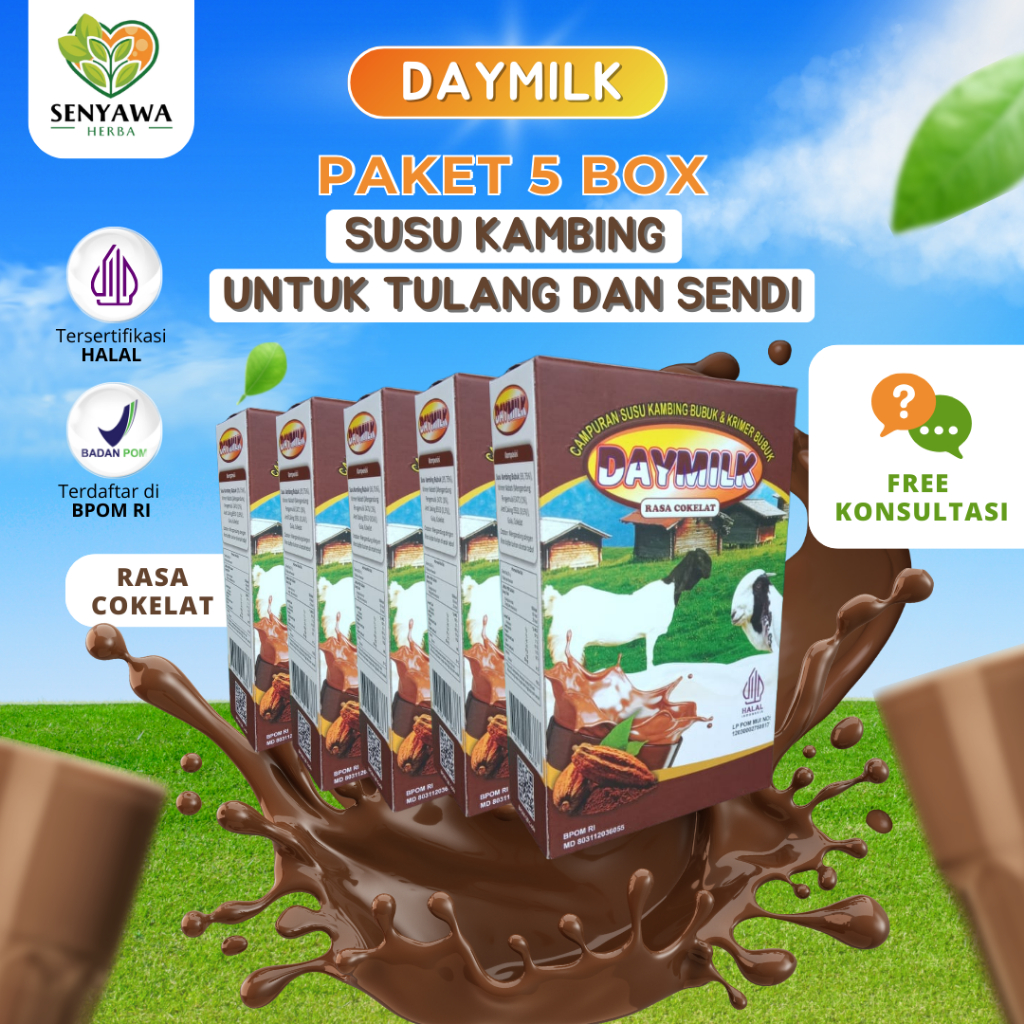 

PAKET 5 BOX SUSU DAYMILK RASA COKELAT - Susu Kambing Etawa Bubuk Premium - Memelihara Kesehatan Tulang, Sendi, Meminimalisir Gejala Asam Lambung, Maag, Diare, Melegakkan Pernapasan Sesak dan Tidak Bau Prengus - 200gr Halal BPOM