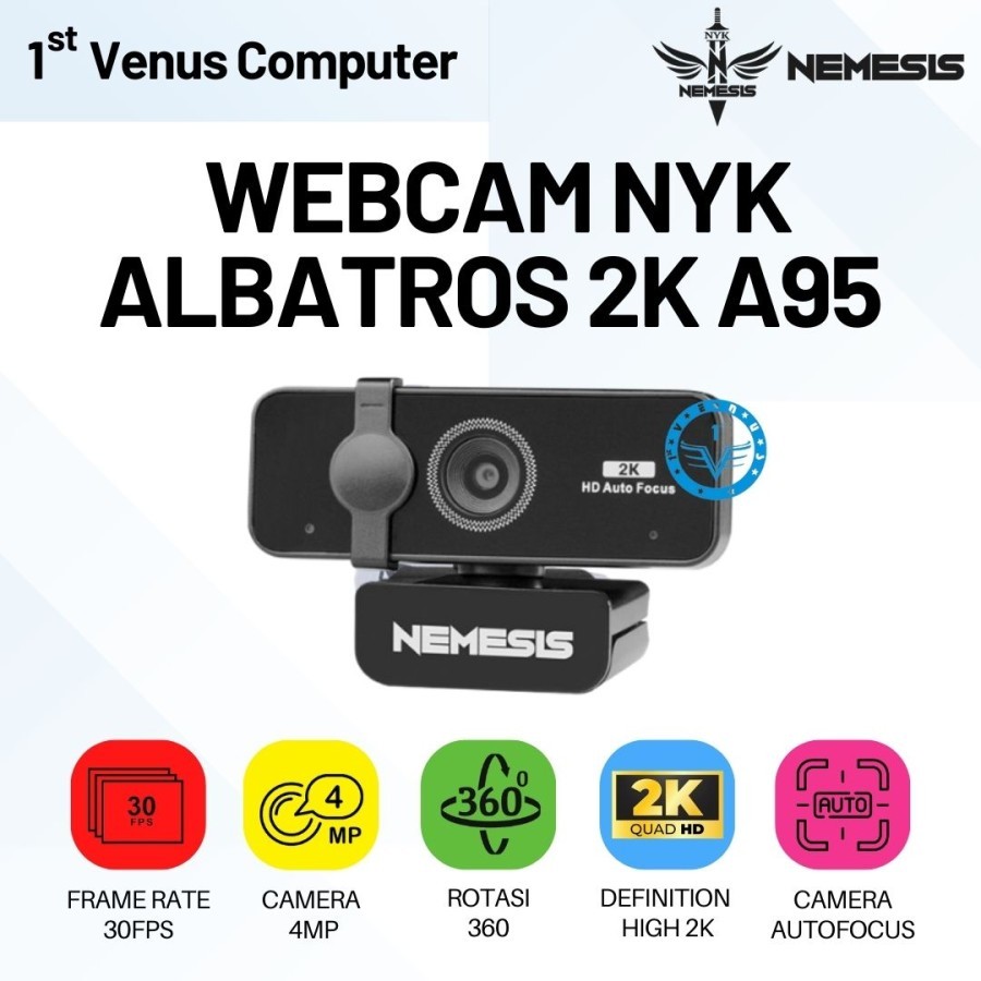 Webcam NYK A95 ALBATROS 2K Hitam - Rotasi 360° Plug & Play