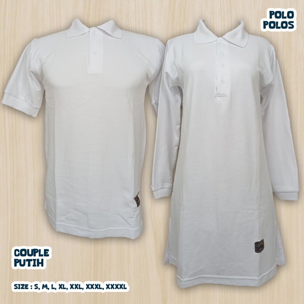 S-XXXL Kaos Polos Polo Couple Tunik Muslimah Kancing Depan/Seragam Keluarga/Kantor/Santai Putih