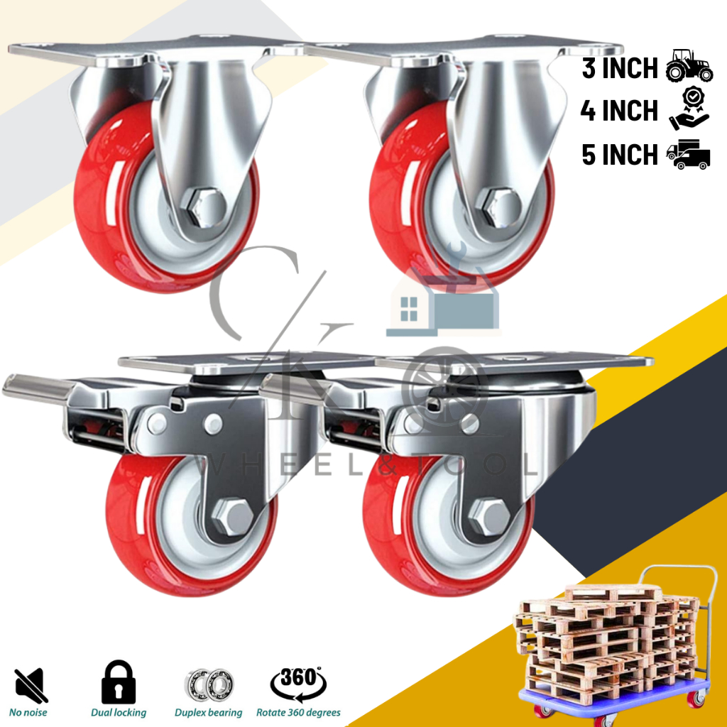 RODA CASTER PU MERAH UNTUK TROLY DENGAN BEARING MATI REM 3 4 5 INCH HEAVY DUTY SET 4 PC