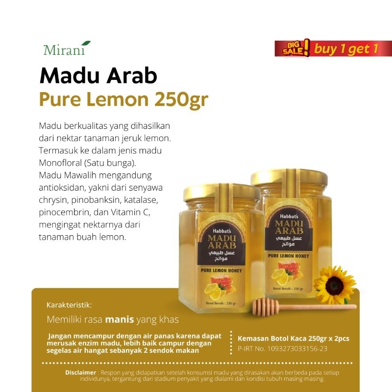 

Buy 1 Get 1 Promo Madu Arab dapat 2 botol 250gr - Raw Honey Monofloral Nektar Tanaman Lemon - Habbat's Mawalih