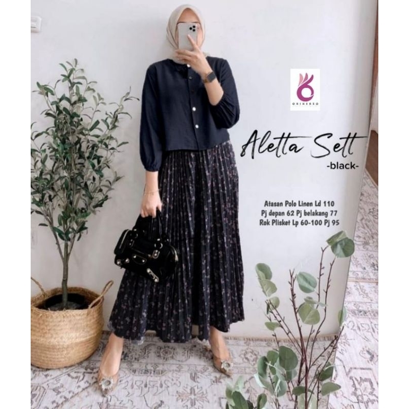 Aletta set / Atasan polo linen dan Rok plisket by Orikenzo