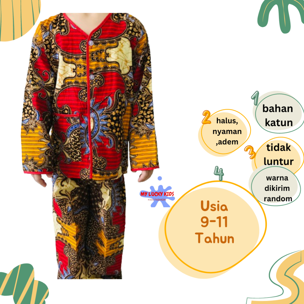 Baju Tidur Piyama Batik Anak Perempuan dan Laki Katun Usia 10-11 Tahun.