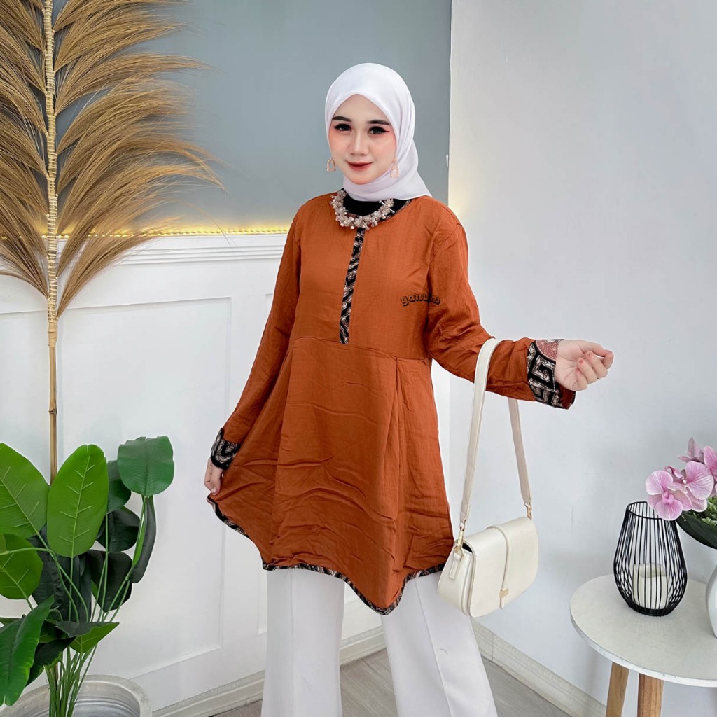 Atasan Wanita Fashion Tunik Motif Polos Kombinasi Batik Kain Polo Linen
