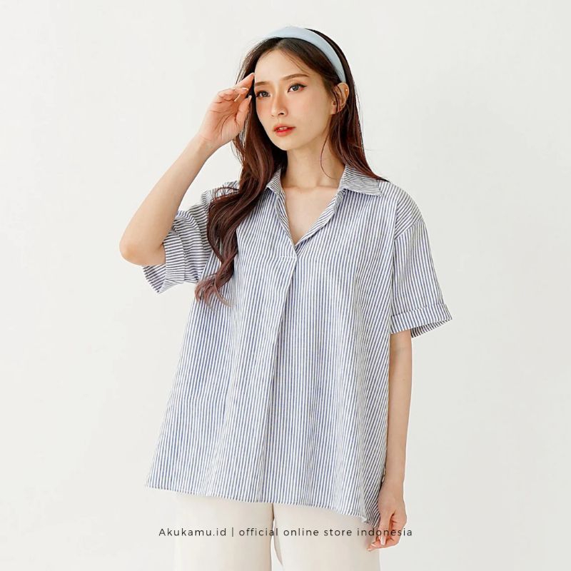 Kemeja Wanita Lengan Pendek Katun Salur Garis | Baju Atasan Pakaian Cewek Polos Kasual Formal Cotton