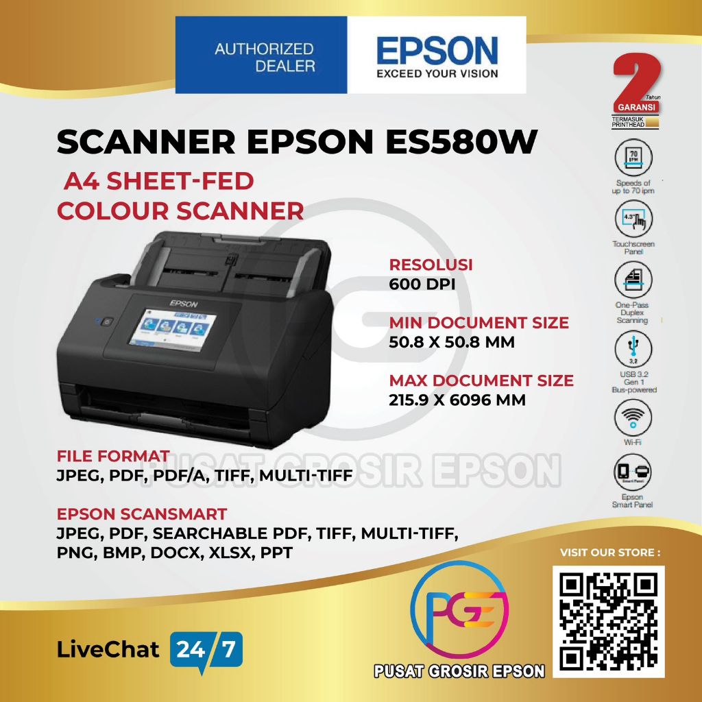 Scanner Epson WorkForce ES-580W ES580W ES 580W ADF Duplex ORIGINAL DAN GARANSI RESMI