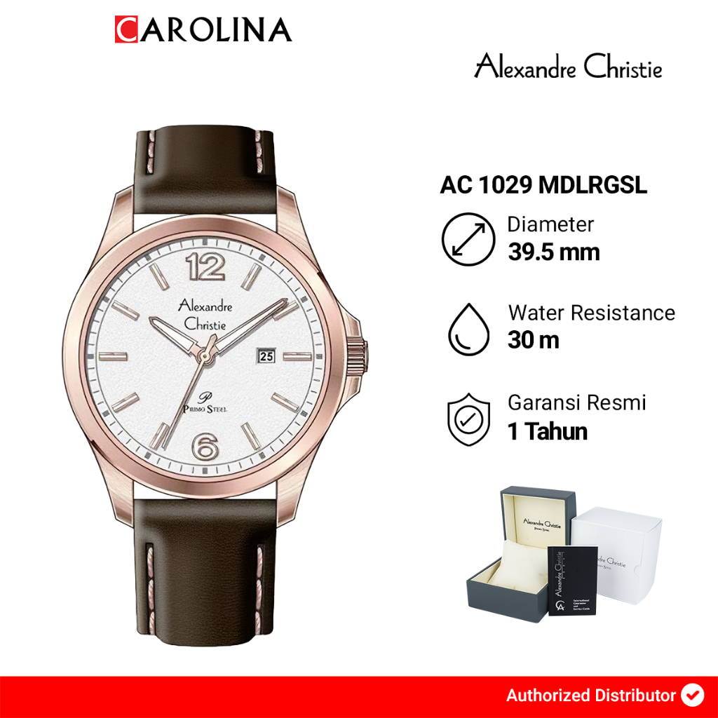 Jam Tangan Pria Alexandre Christie Primo Steel AC 1029 MDLRGSL Silver White Dial Brown Leather Strap