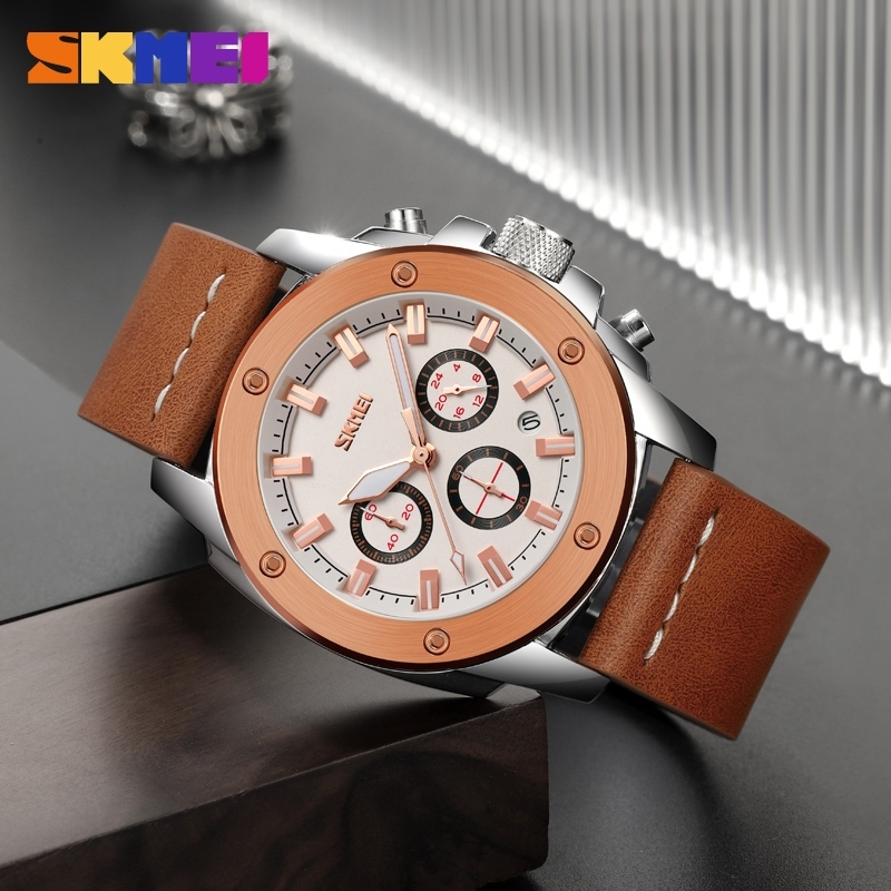 [COD] Jam Tangan Analog Pria Chronograph Stopwatch SKMEI Original SK9327 / SK 9327 Leather Strap Kul