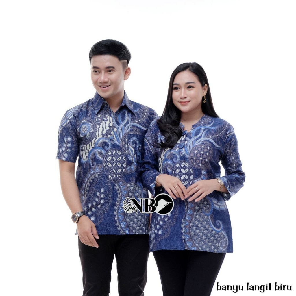 Fairyrozi Couple Blouse & Kemeja Lengan Pendek Motif Banyu Langit Biru Bahan Katun M L XL XXL