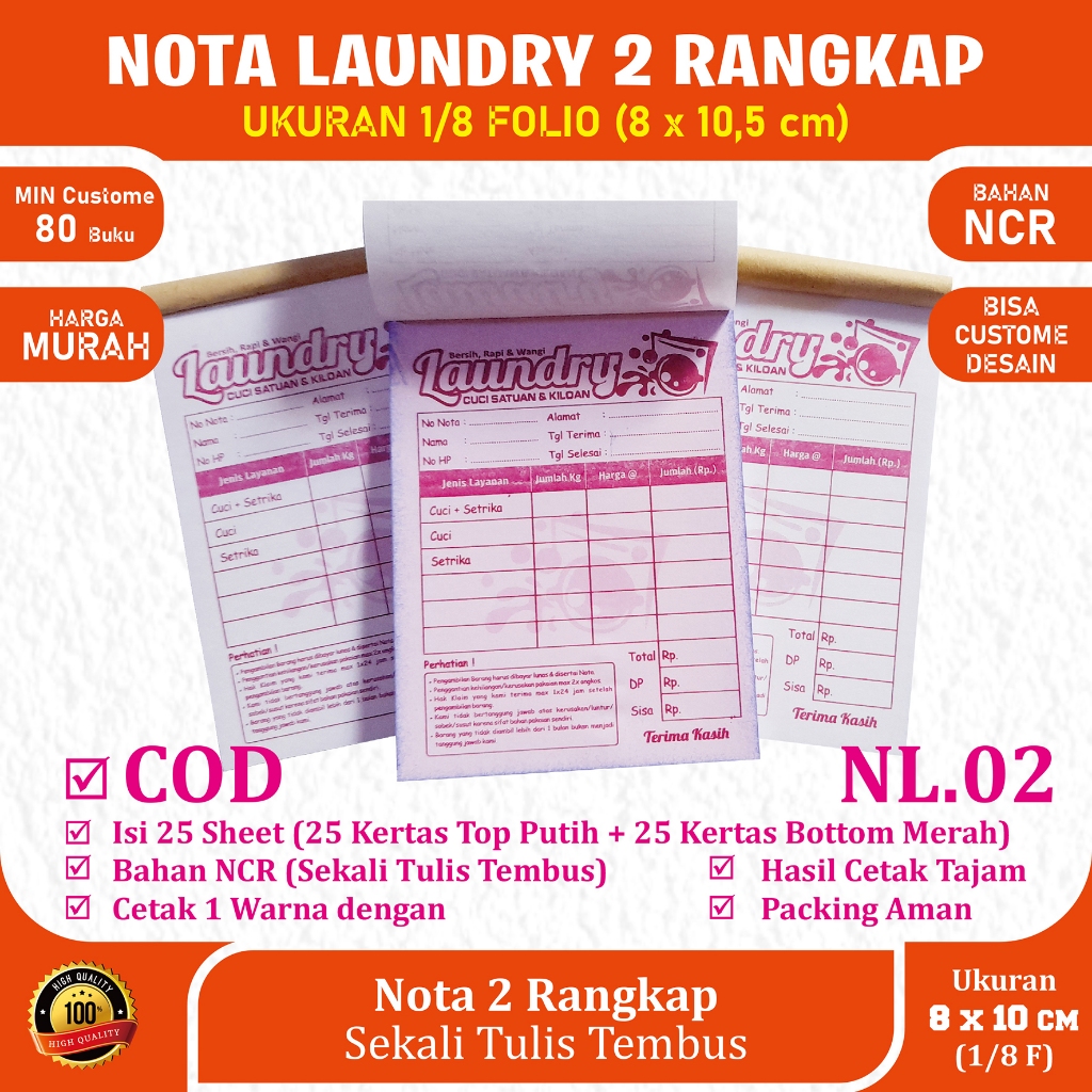 

Nota Laundry, Bon Laundry NCR 2 play HVS 1 Ply 1/8 folio isi 25 set Motif 1 Cetak Pink