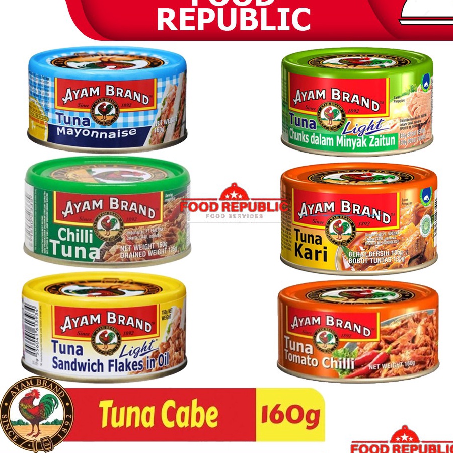 

Ready Stok AYAM BRAND 16 GR IKAN TUNA KALENG RASA TOMAT CHUNKS IN OIL CABE CURRY OLIVE OIL MAYONAISE