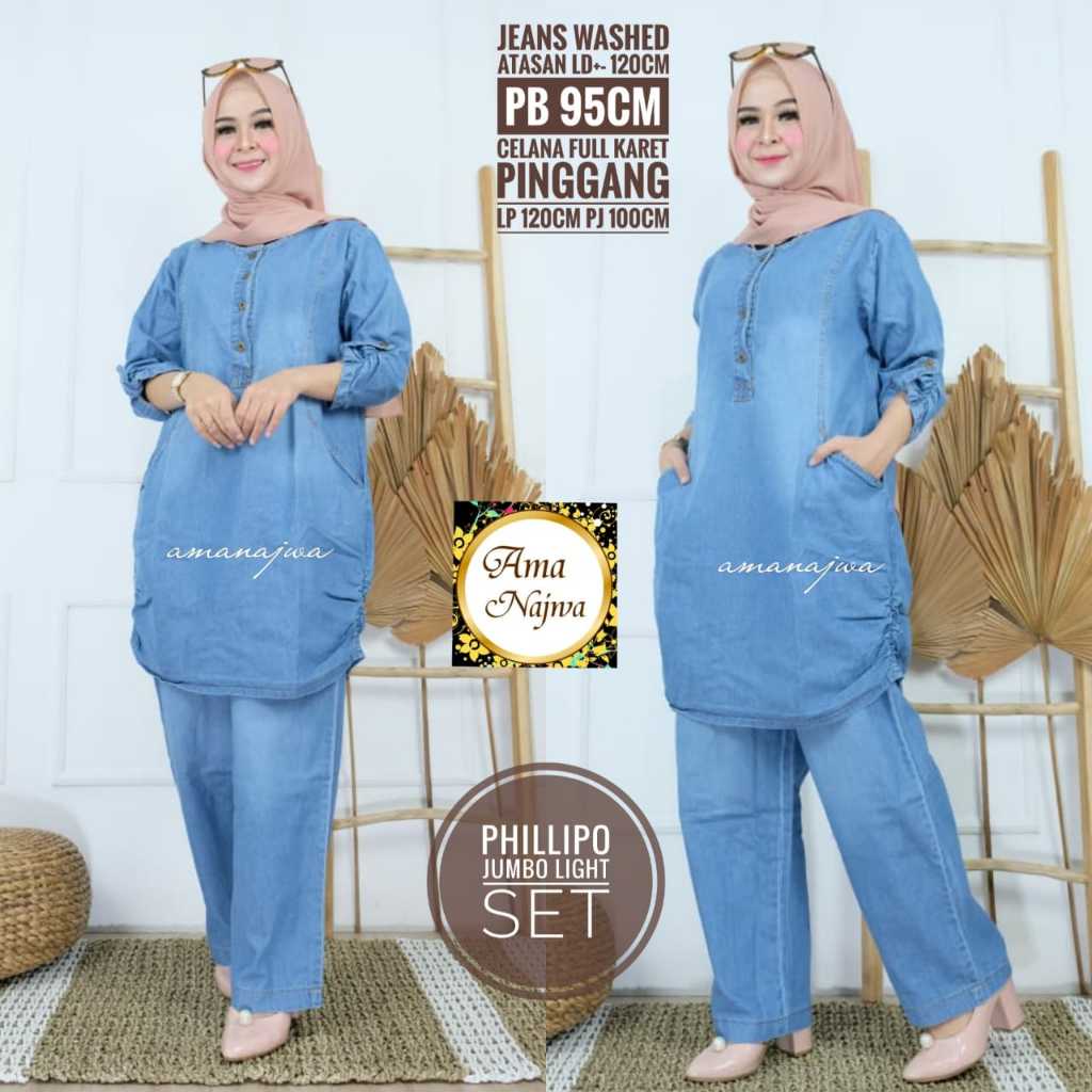 philipo setelan 1 one set oneset stelan setcel atasan jeans washed wash jumbo bigsize over big size 