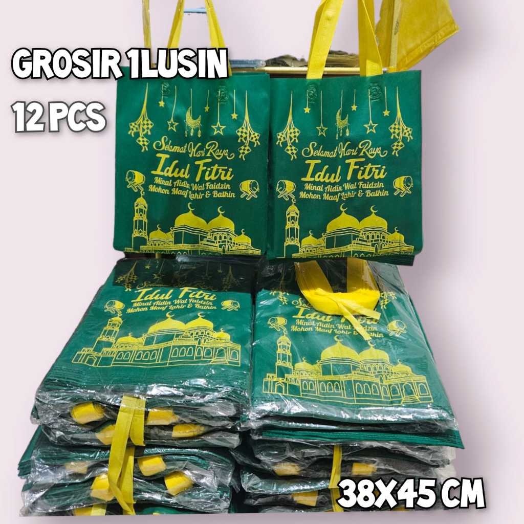 

1lusin Goodie Bag Lebaran Kombinasi Warna Bermotif Bahan Kain Tebal Tas Idul Fitri Grosir Tapak Press Murah Berkualitas