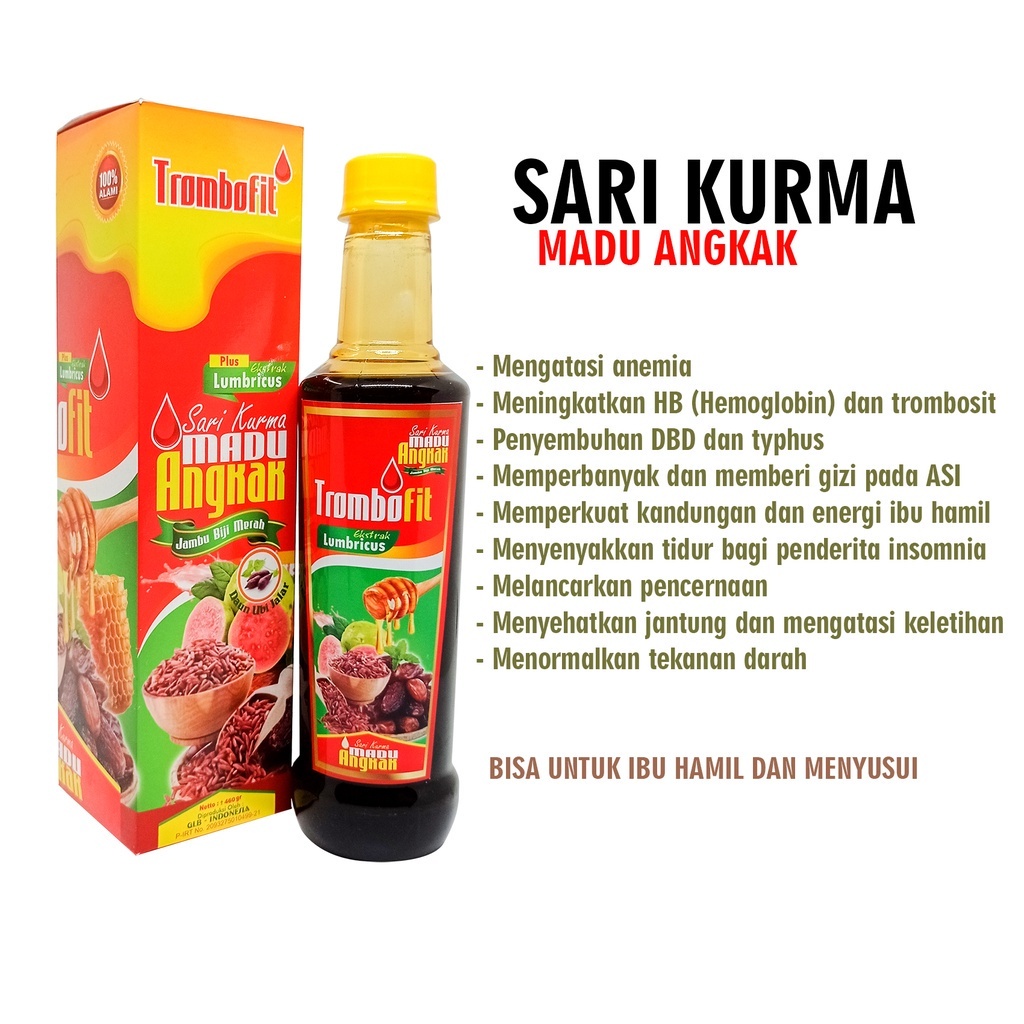 

TROMBOFIT Sari Kurma Madu Angkak Plus Ekstrak Lumbricus Jambu Biji Merah Daun Ubi Jalar Sarikurma Angkak HERBAL DBD DAN TYPHUS