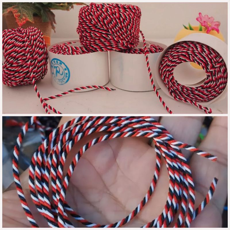 TALI TRIDATU 1MM.2MM asli Bali 5meter/10meter Bahan Gelang Kalung 3 warna merah hitam putih