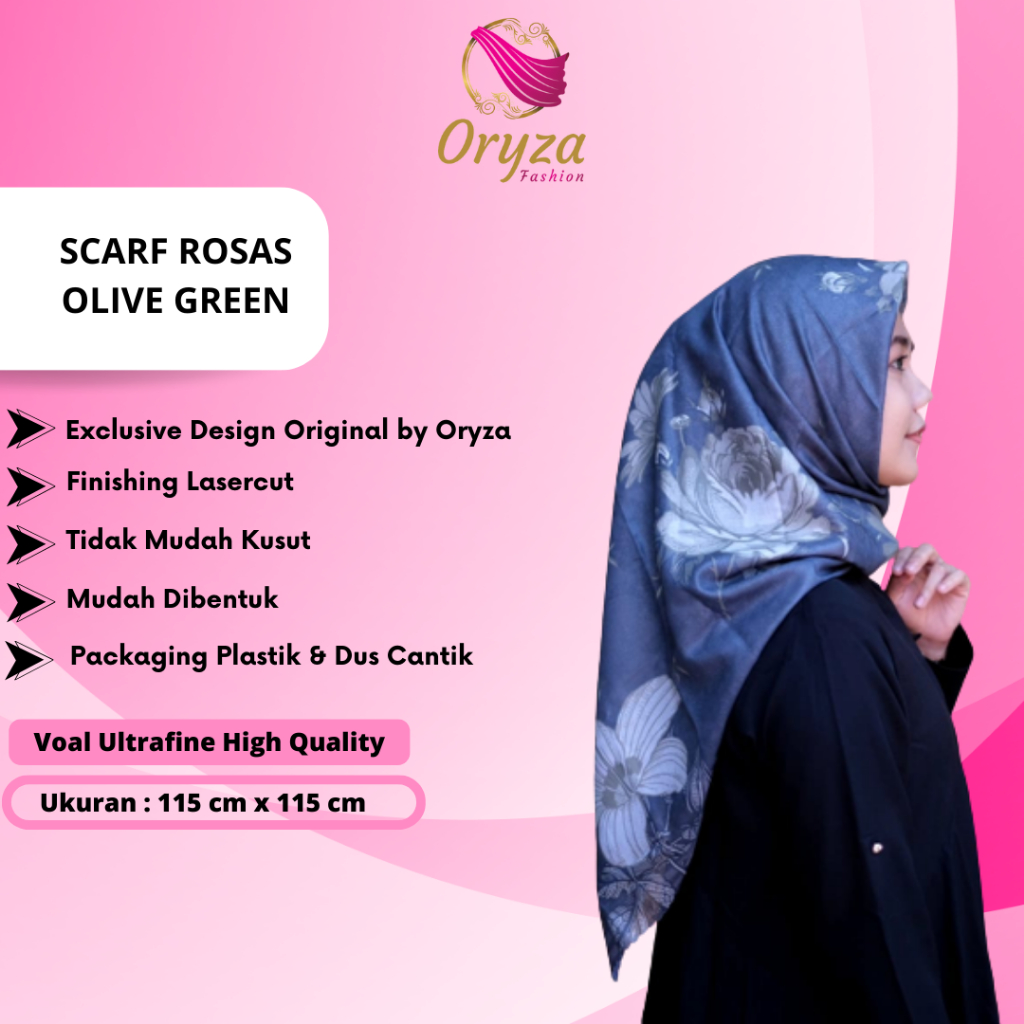 Premium Printed Scarf Rosas Warna Dark Olive Green Hijab Segi Empat