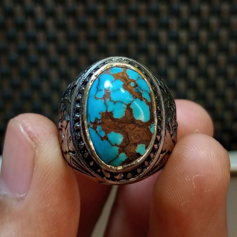 Cincin Batu Pirus Persia Biru Urat Emas Ceplok Kuro