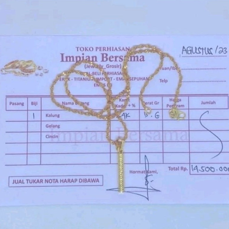 Terkini Perhiasan 24k kalung liontin emas 15 gram surat dan nota tertera