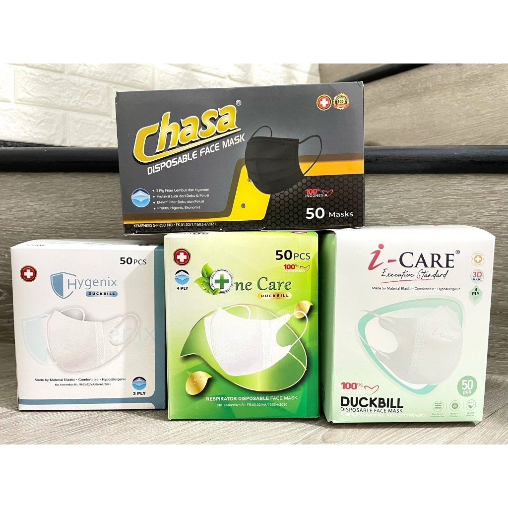 Masker Duckbil Earloop One Care I-Care 4ply Hygenix 3ply Chasa Isi 50 pcs Putih Hitam Medis Wajah