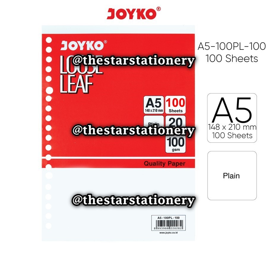 

(1 Pak Isi 100 Lembar) GROSIR Loose Leaf Joyko A5 100 Lembar Plain / Loose Leaf Isi Kertas File Binder Joyko A5-100PL-100 Plain / Joyko A5 100PL 100 / Joyko A5100PL100