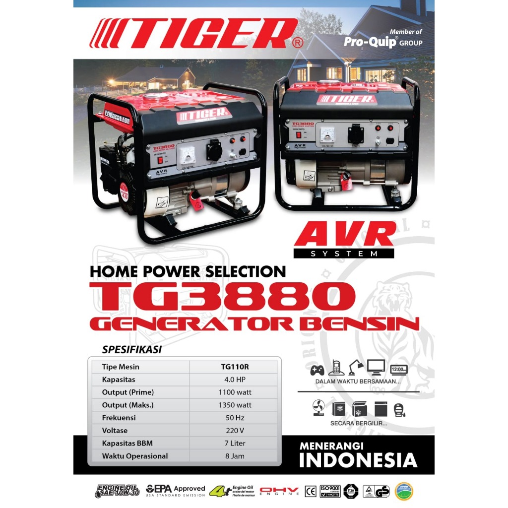 Mesin Genset 4 Tak 1100 Watt TG3880 TIGER