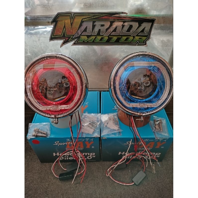 lampu biled 3 inch set batok CB125 pres chrom import SportsDay shourd merah dan biru LAMPU BILED DAY